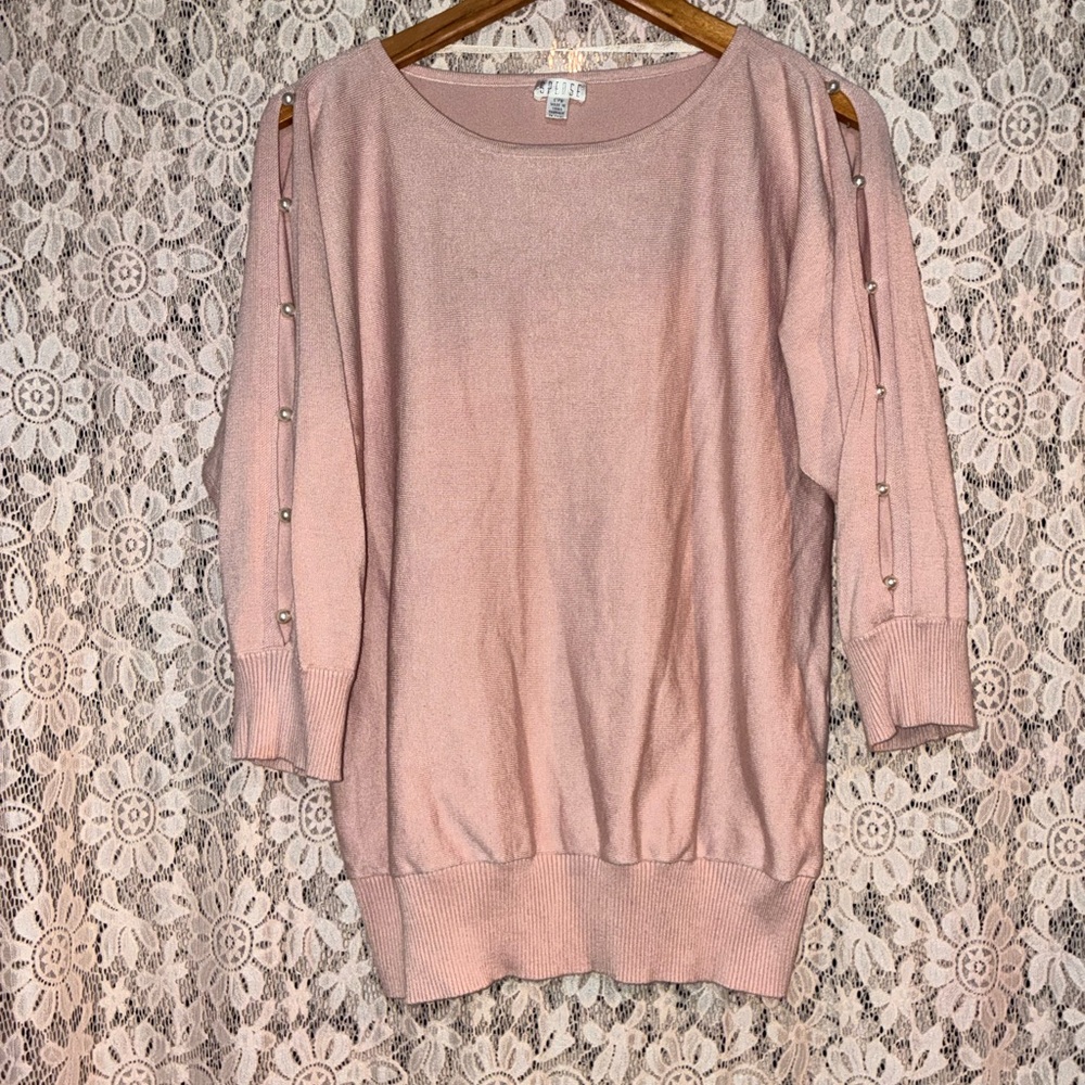 Spense Pink Crew Neck Sweater with Pearls on the open sleeves.
